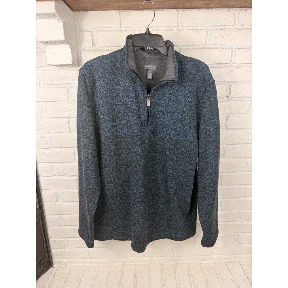 Van Heusen Flex Mens L Blue Quarter Zip Sweater Fleece Pullover 100% Polyester